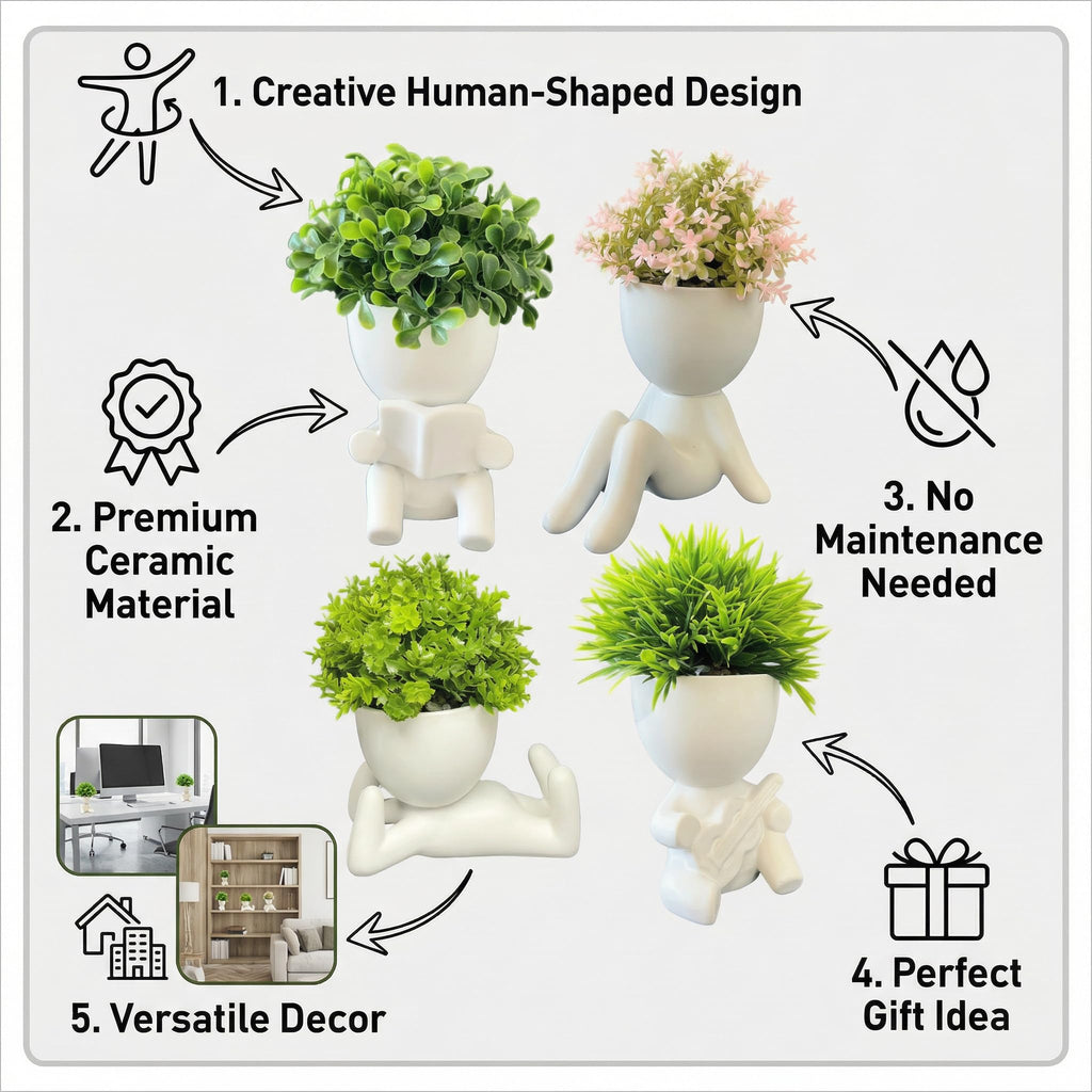 4 Packs Creative Small Fake Plants Artificial Succulents in Ceramic Human Shaped Pots Cute Office Plants For Desk