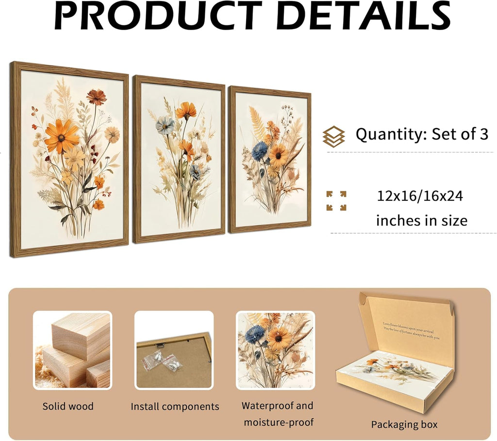 Vintage Wildflower Framed Canvas Wall Art Set of 3 - Rustic Botanical Floral Pictures Prints Bedroom Bathroom, Retro