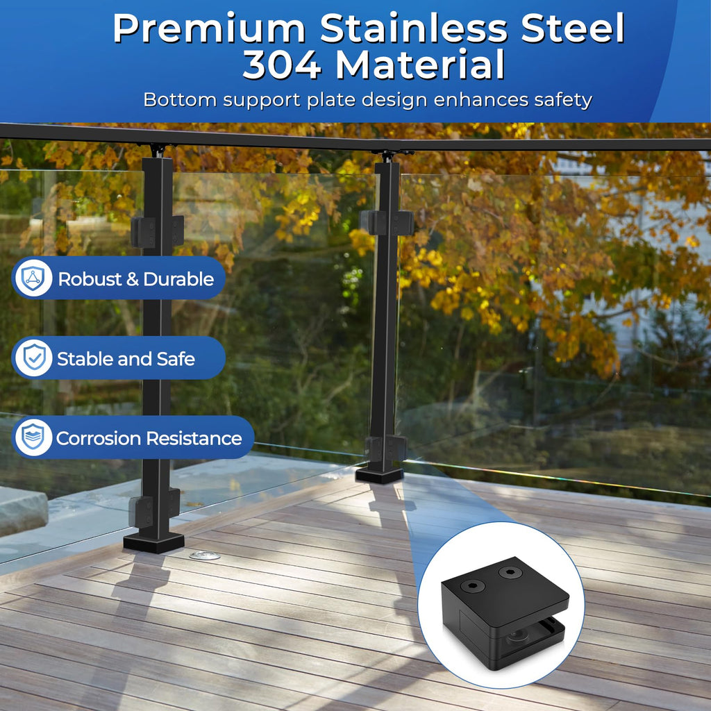 20 Pack Black Square Glass Clamp with Removable Bottom Support Plate, Heavy Duty Stainless Steel 45x45mm Flat Glass
