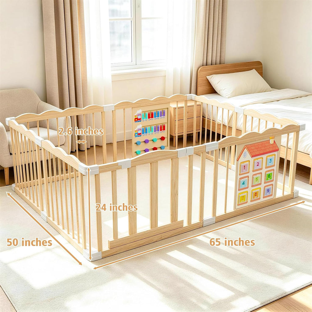 Wooden Baby Playpen with Built-in Activity Panel, 50x65x24In | Large Adjustable Natural Pine Wood Play Pen with