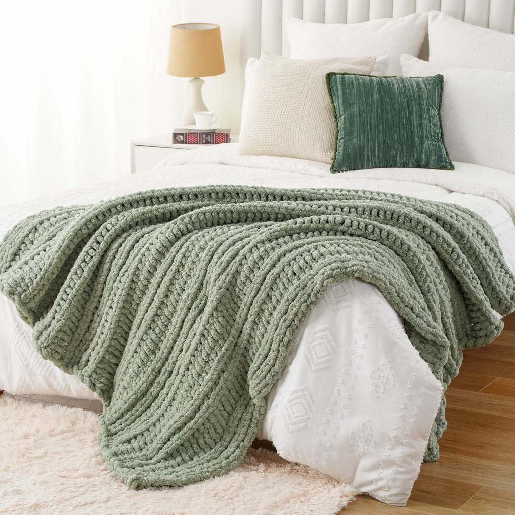 Chunky Knit Throw Blanket for Couch, 50"x60", Sage Green