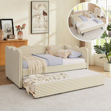 Twin Size Gingham Daybed with Trundle, Upholstered Linen Day Bed Frame with USB Ports & Wave-Shaped Backrest, Modern