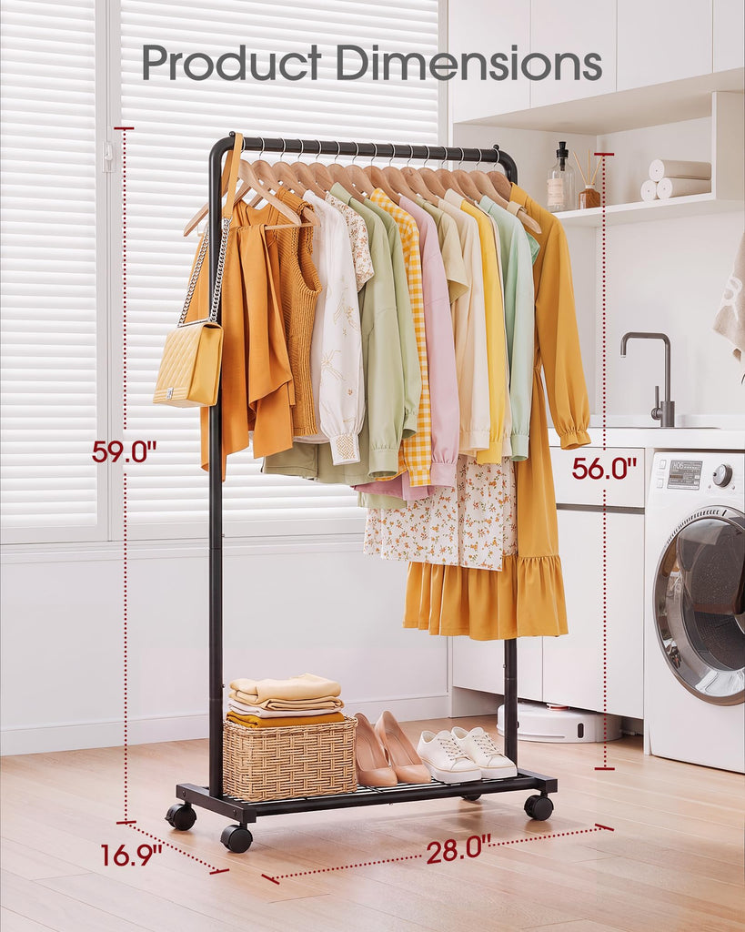 Clothes Rack - Clothing Rack with Storage Mesh Shelf & Casters, Heavy-Duty Metal Clothing Rack for Hanging Clothes