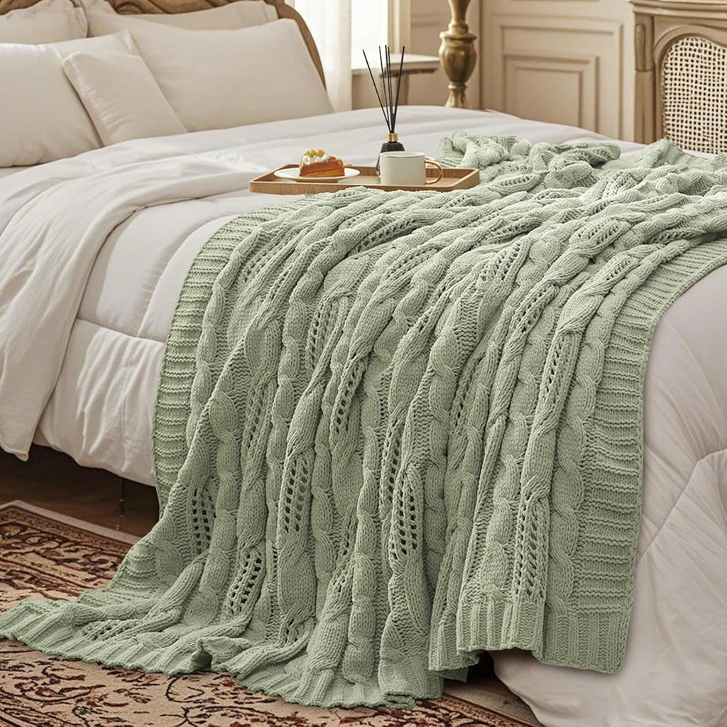 Chunky Knit Throw Blanket, Dual-Sided Soft Chenille Breathable Cable Knitted Blanket, Farmhouse Decorative Throw