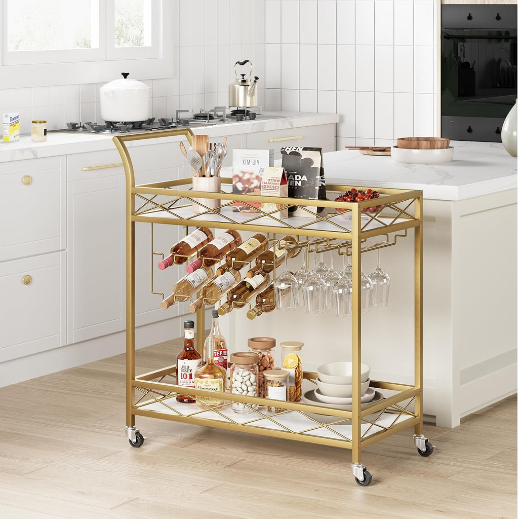 Gold Bar Cart with White Marble Shelves, Slim Serving Cart | Lockable 360° swivel wheels and anti-scratch foot pads
