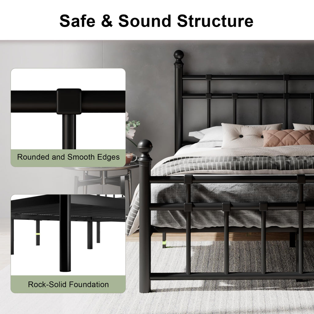 Metal Platform Bed Frame with Victorian Classic Iron-Art Headboard & Footboard, Steel Slats Support, 12" Under