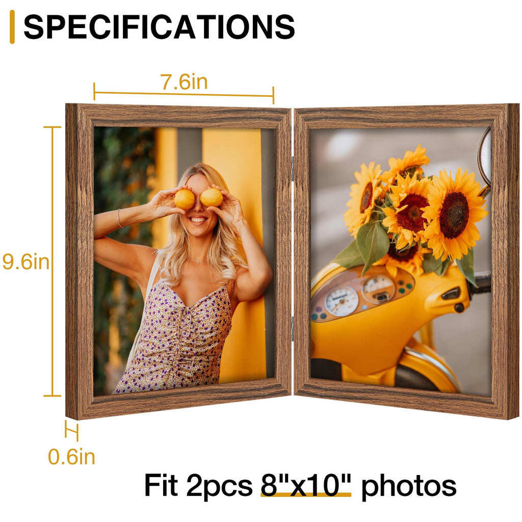 8x10 Double Picture Frame, Hinged 2 Photo Frames, Rosewood