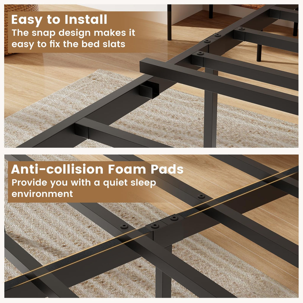 Bed Frame with Headboard, Metal Platform Bed with Under-Bed Storage Space & Slatted Headboard, Industrial