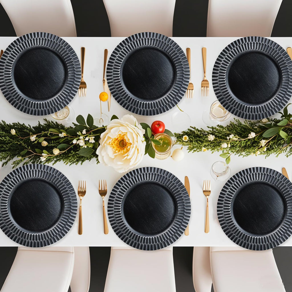 Black Charger Plates Set of 12, 13" Plastic Reusable Chargers for Dinner Plates, Thanksgiving, Christmas Party