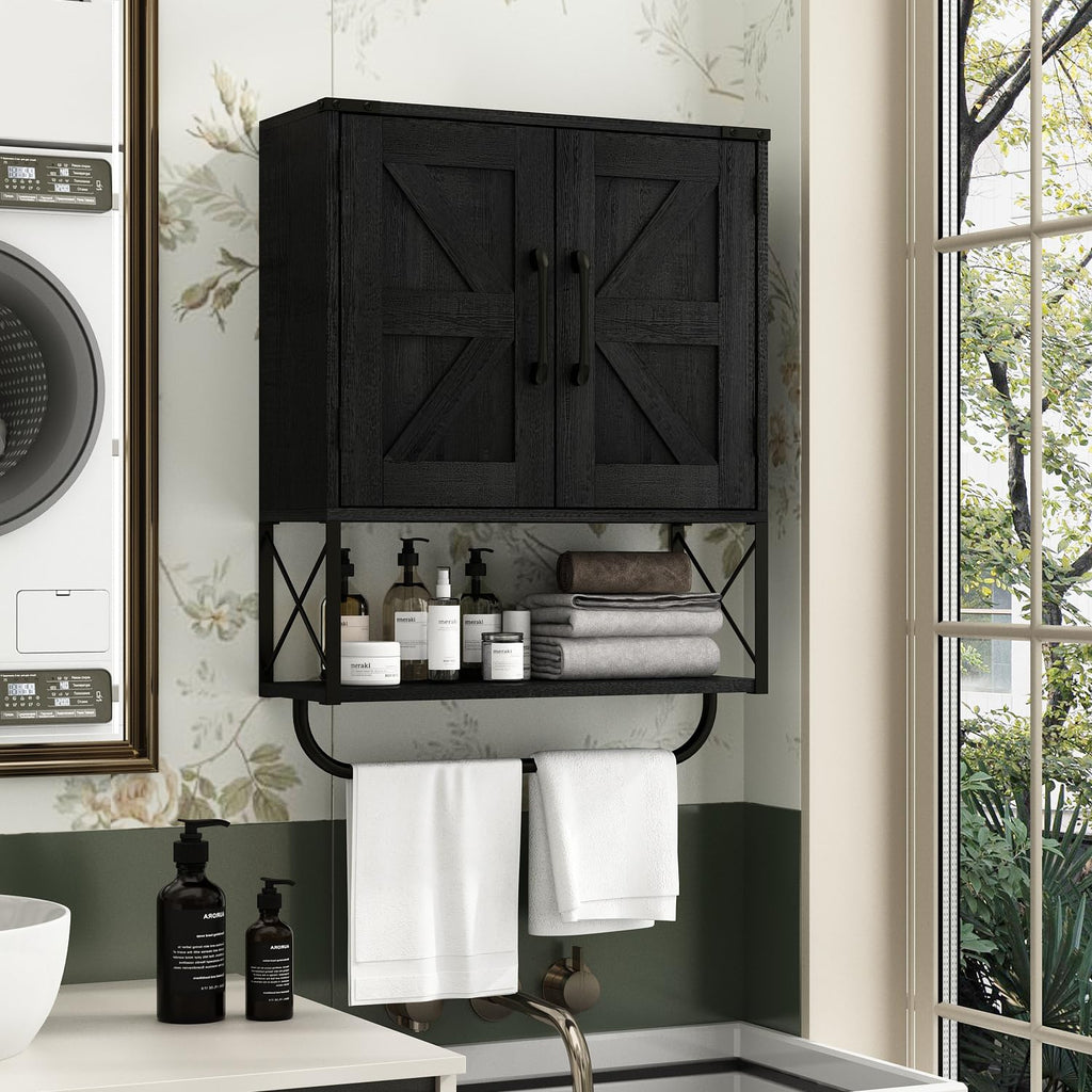 Farmhouse Medicine Cabinet with 2 Barn Door & Towel Bar Rack