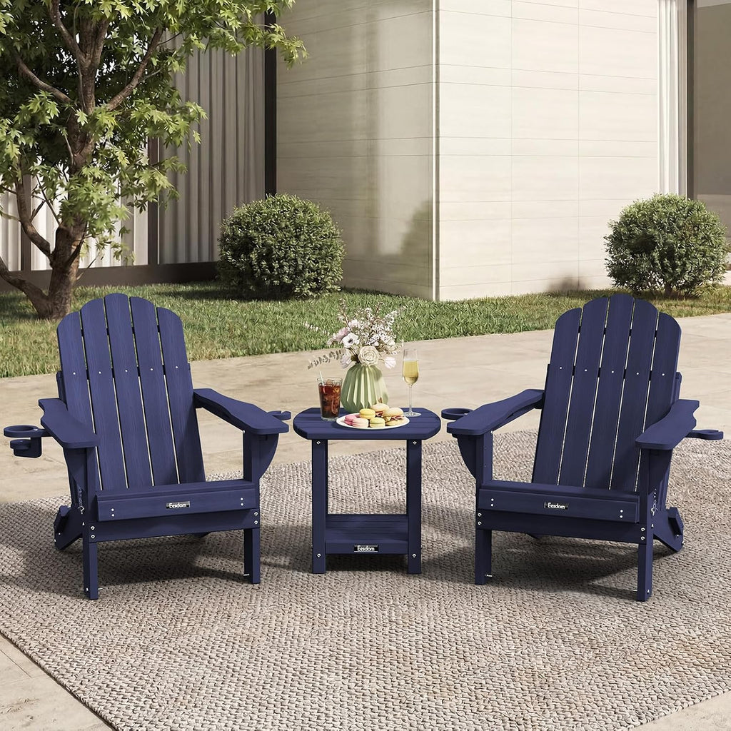 Folding Adirondack Chair 3-Piece Set with Wood Grain, HDPE Adirondack Chair with Side Table & Cup Holders, 380lb