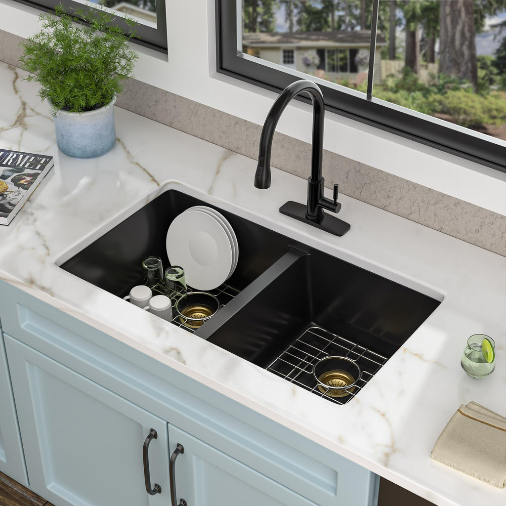 33"x19" Granite Composite Kitchen Sink Black Double Bowl