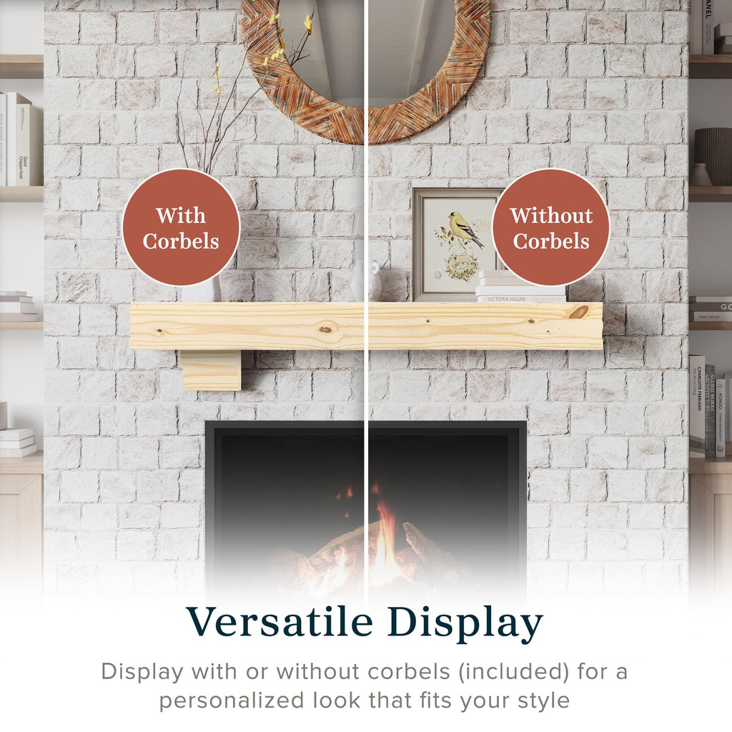 Breckenridge 72" Fireplace Mantel Shelf with Corbels - Rustic Floating Mantel Shelf for Over Fireplace - Unfinished