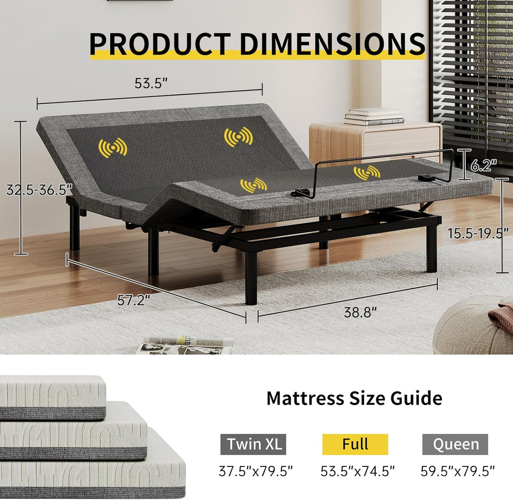 Full Massage Adjustable Bed Frame with 6 Vibration Modes & Timer, Independent Head/Foot Incline, 2 USB, Wireless