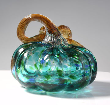 Hand Blown Glass Pumpkin Figurines Collectibles, 3.15" Turquoise Blue Crystal Pumpkin Decorations for Fall Harvest