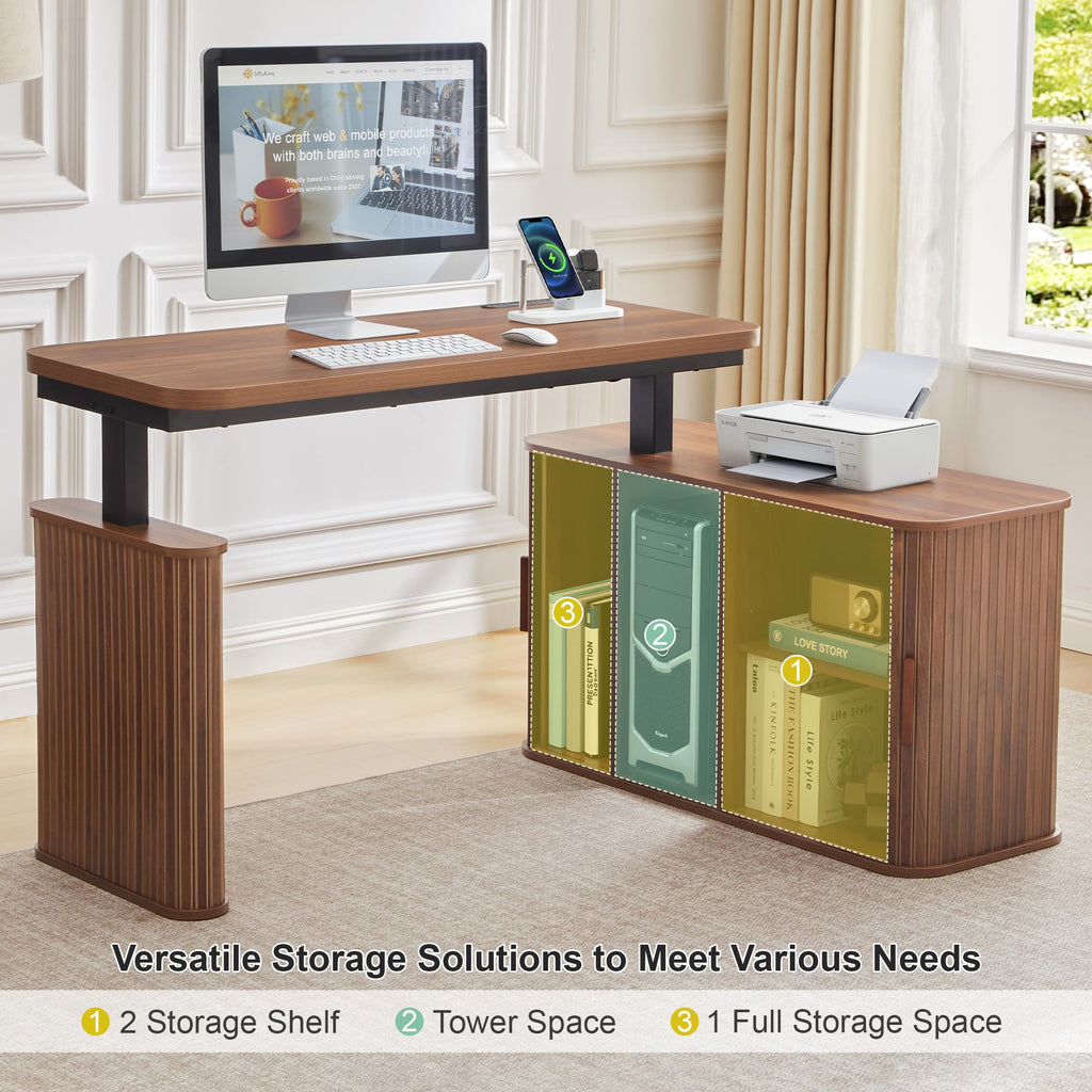 47" L Shaped Electric Wood Standing Desk with Storage