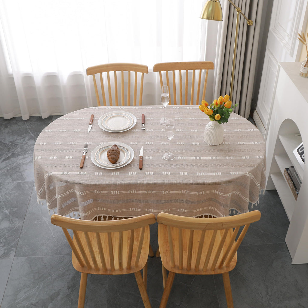 Rustic Stripe Embroidered Oval Tablecloth Heavy Tassel Cotton Linen Table Cloth Wrinkle Free Washable Table Cover