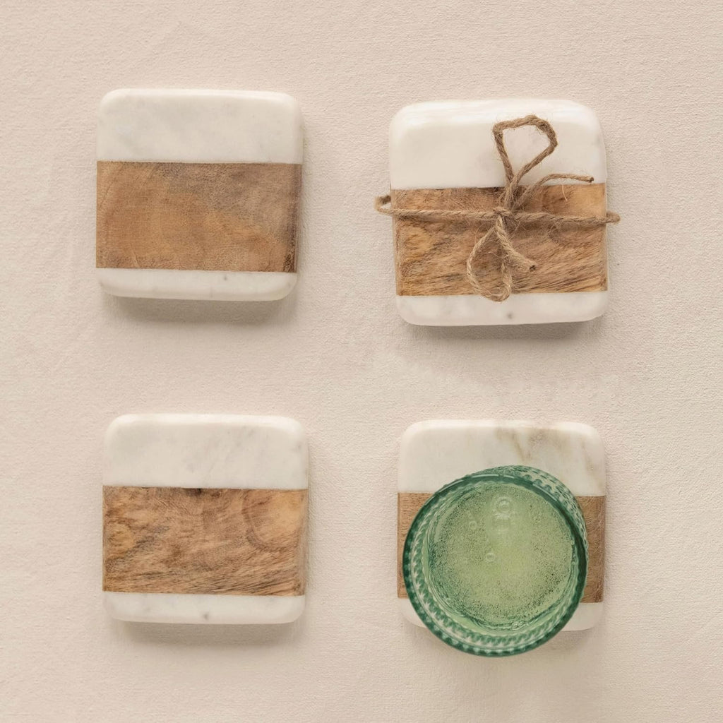 Marble & Acacia Wood Coasters, White & Natural - Set of 4