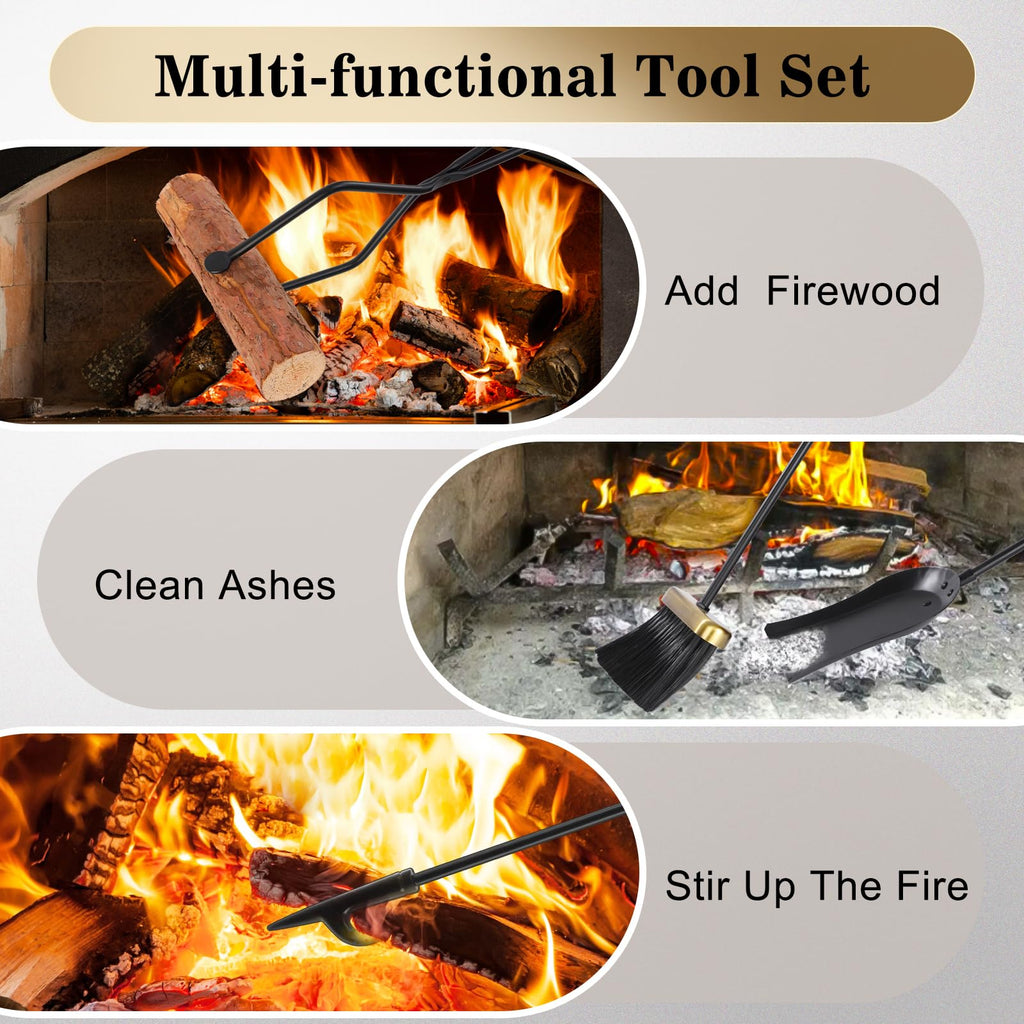 Fireplace Tools Set 5 Pcs Wrought Iron Large Fire Tool Set with Brass Handles for Outdoor/Indoor, Fireplace