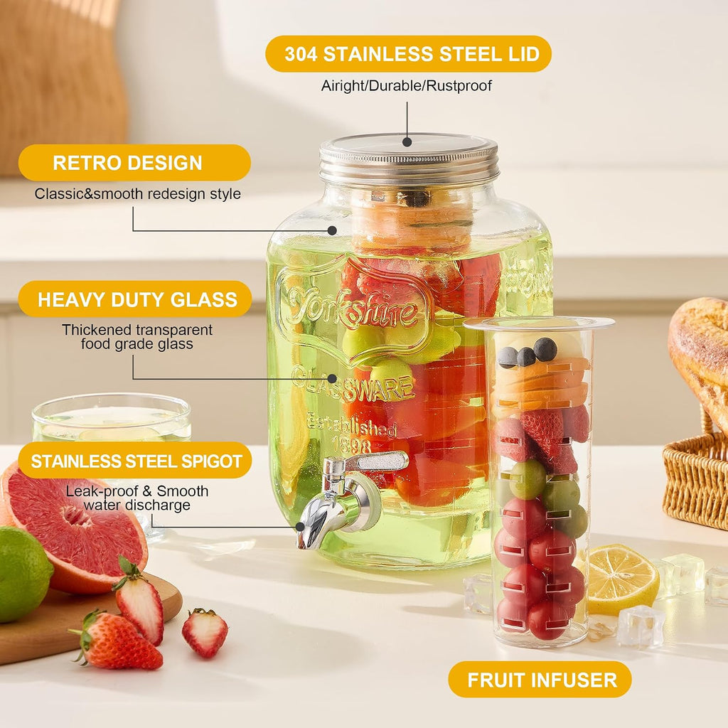 Gallon with Stand & Fruit Infuser, Stainless Steel Spigot, Beverage Dispenser for Parties, Weddings, BBQs - Set of 2