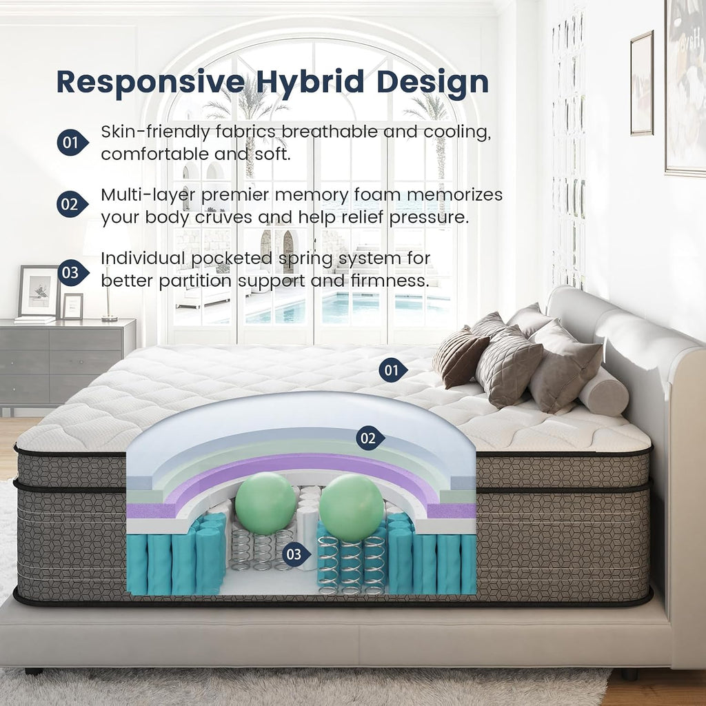 California King Mattress 12 Inch, Firm Hybrid Mattress in a Box | Hotel Level Comfort, 7-Zone Pocket Springs, Cooling