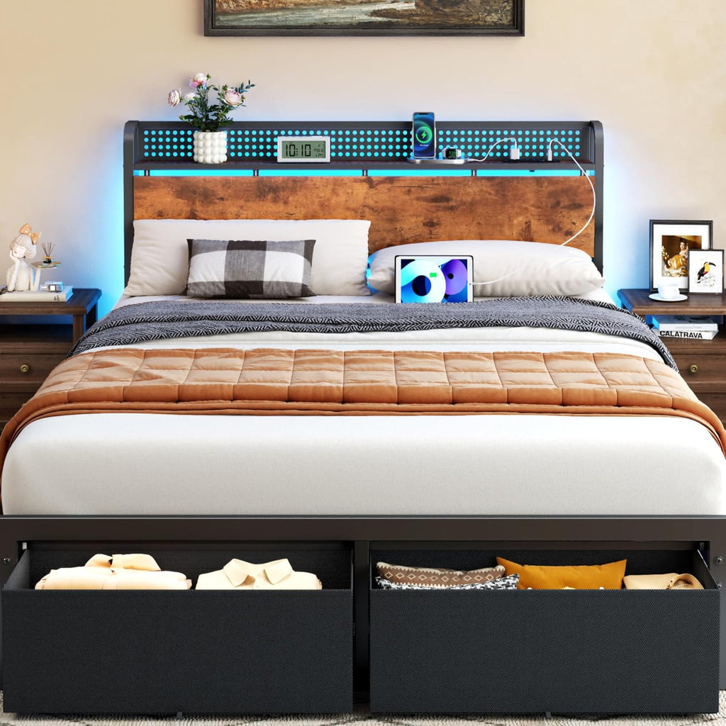 Queen Bed Frame with Headboard Storage, Platform Bed Frame Queen with 2 Drawers, Charging Station and LED Lights