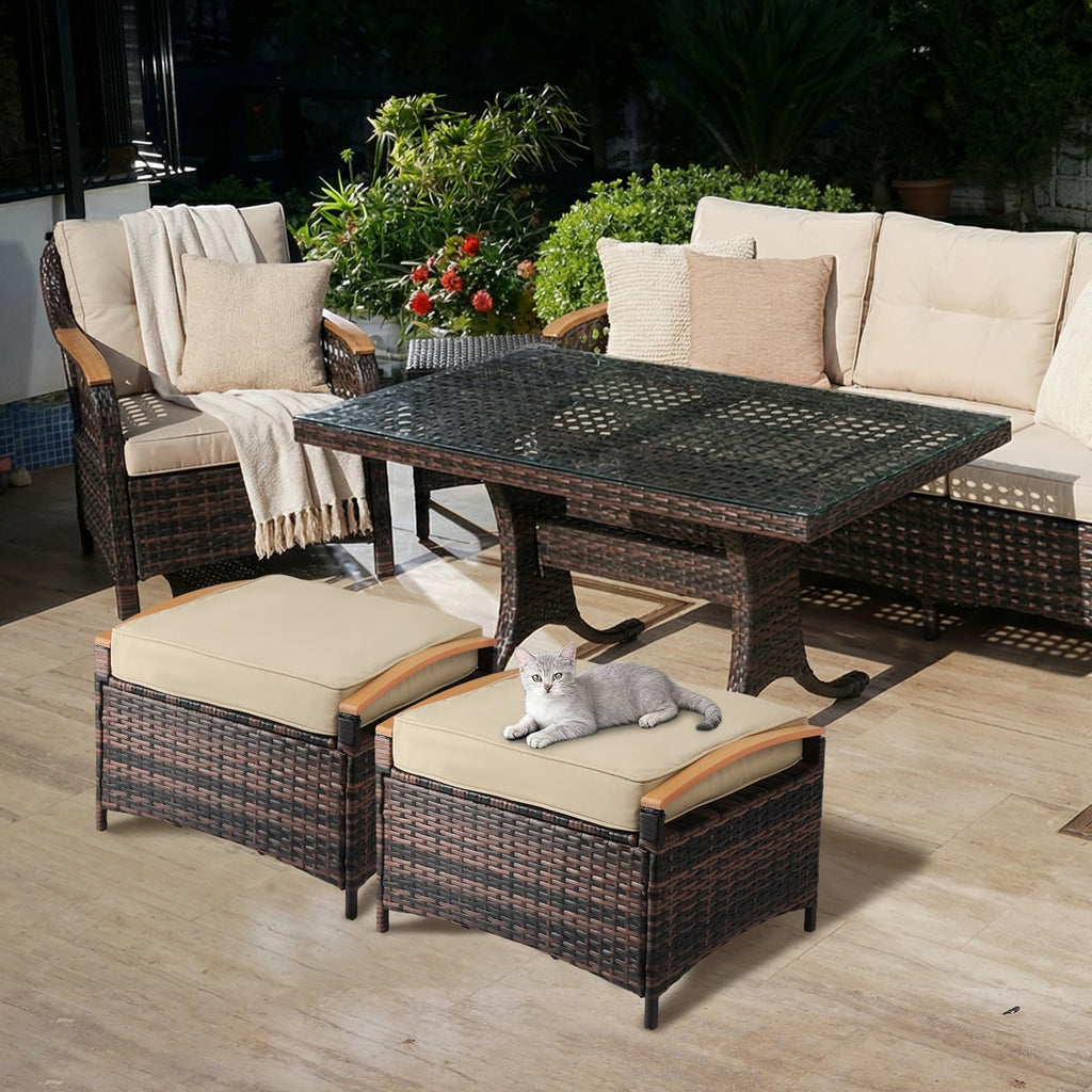2 Pieces Rattan Ottoman with Storage, Wicker Patio Furniture w/Removable Cushion, Multipurpose Footrest Stool for