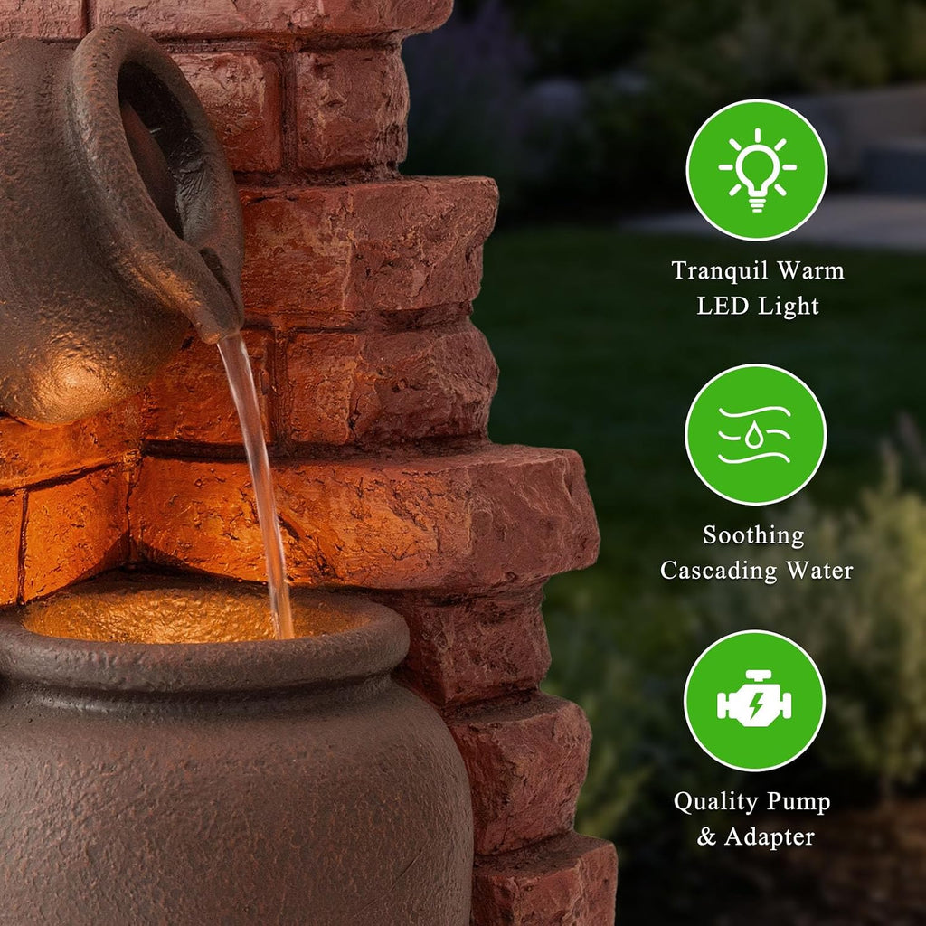 25.9" H Outdoor Water Fountain with LED Lights, Freestanding Water Feature | 3-Tier Resin Cascading Waterfall