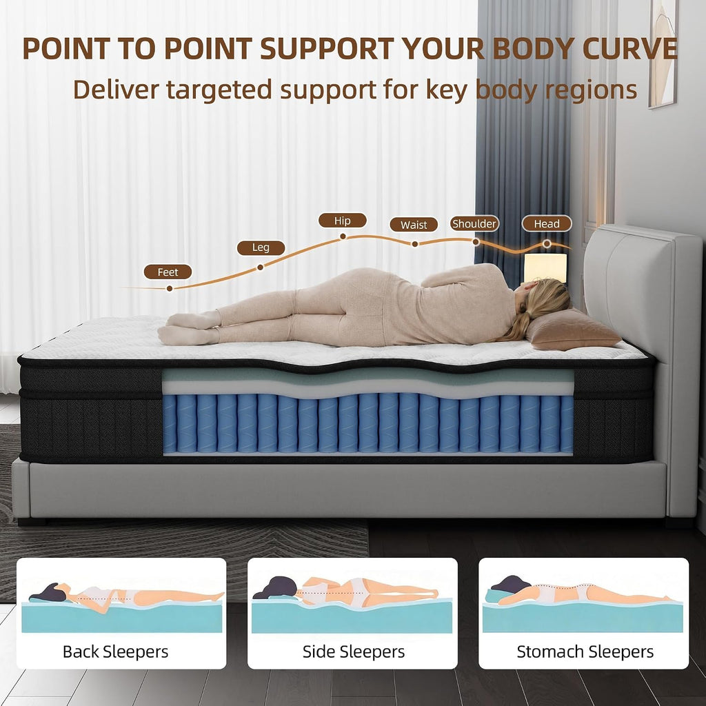 King Size 12 Inch Hybrid Mattress, Medium Firm Pocket Spring Mattress in a Box, Breathable Pressure Relief