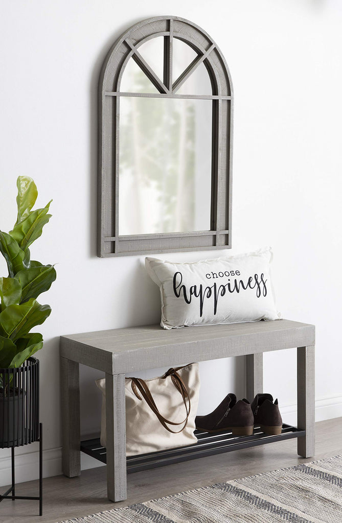 Jeran Rustic Farmhouse Bench with Iron Shoe Shelf, 36" x 14" x 20", Gray, Chic Entry Bench for Decor or Storage