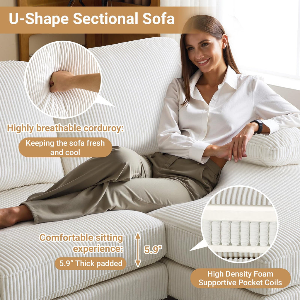 110' U Shaped Comfy Sectional Couch, Double Chaise Sofa in Corduroy Fabric, 4-Seater Upholstered Couch with Memory