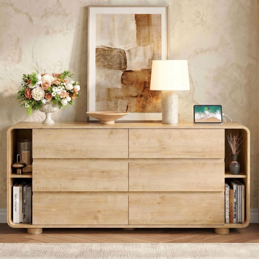 63 Inch 6 Drawer Dresser with Shelves Rounded Corner, Natural Oak