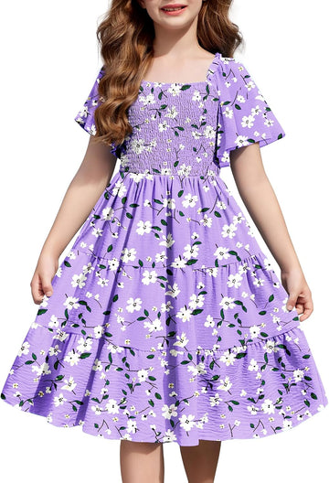 Girls Summer Dress Tween Boho Casual Smocked Swing Flowy Dresses