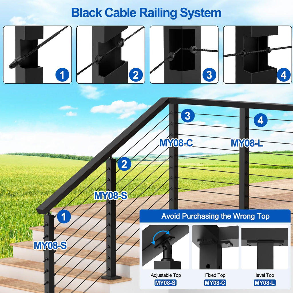 4FT-10FT Complete Set Stair Cable Railing Kit, 36" Black Swageless Cable Railing Kit Includes 2Pack Angle Stair