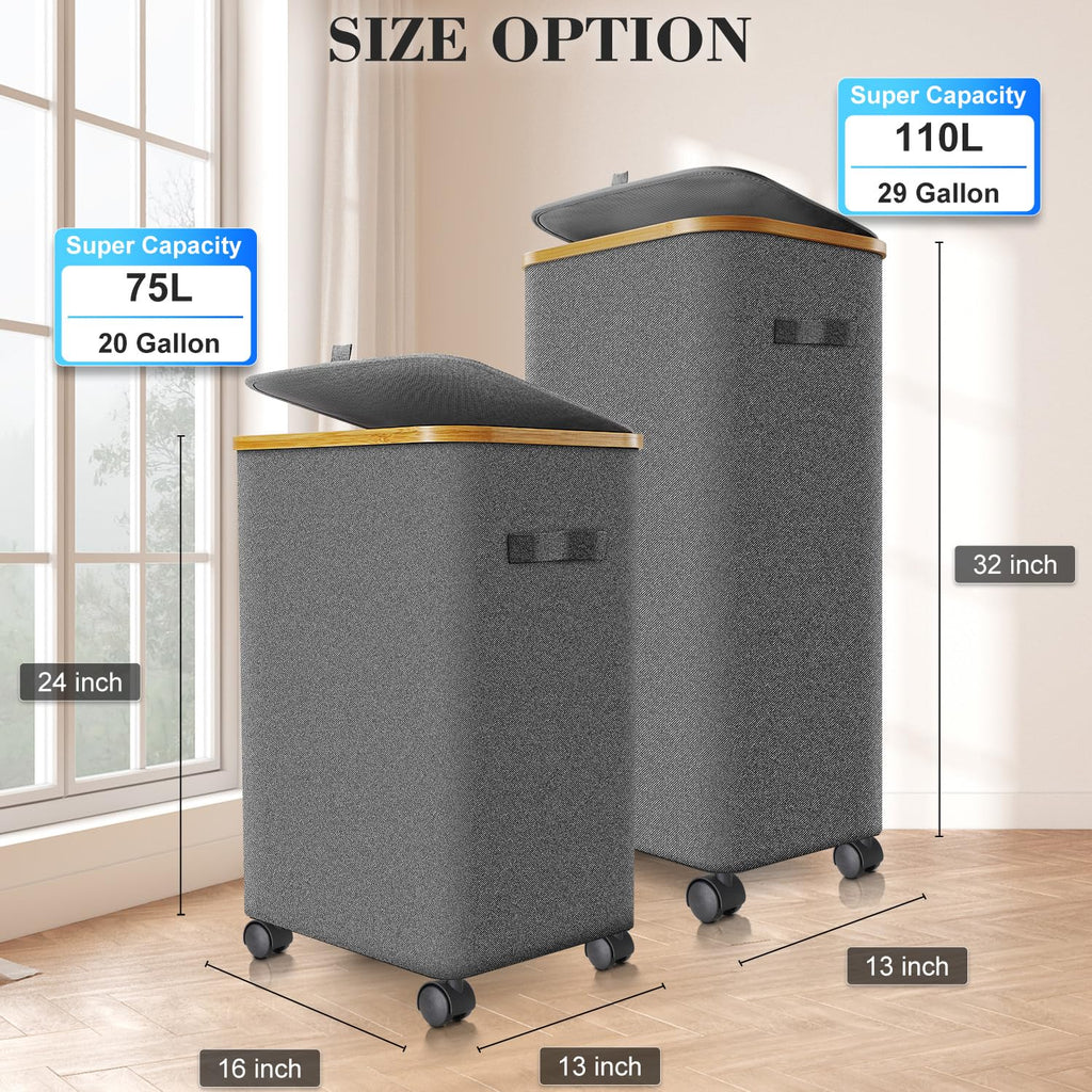 Hamper with Wheels, 75L Rolling Laundry Basket with Lid