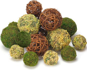 Decorative Balls for Centerpiece Bowls, Fake Moss Balls + Wicker Rattan Balls Set Vase Bowl Filler Garden - Set of 18