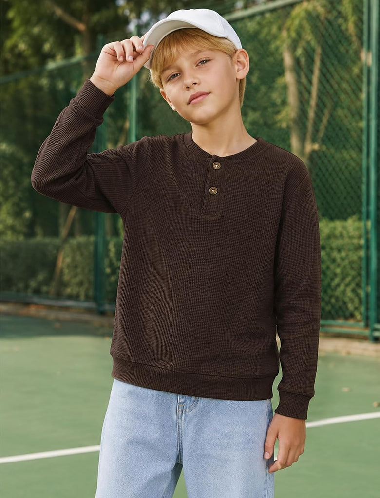 Boys Long Sleeve Shirts Waffle Henley Fall Shirts for Boys