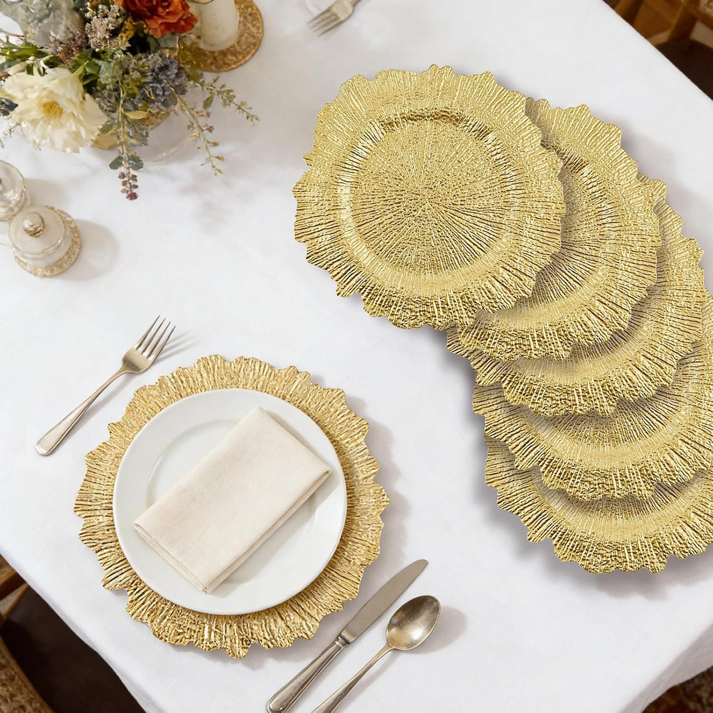 120-Pack 13" Gold Beaded Charger Plates - Disposable/Reusable Plastic Round Dinner Chargers, Prevents Food Overflow - Set of 120