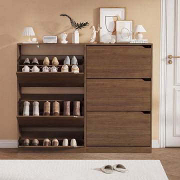 Walnut Hidden Shoe Storage Cabinet with 6 Flip Drawers