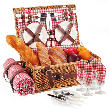 Red Plaid Wicker Picnic Basket for 4 with Waterproof Blanket