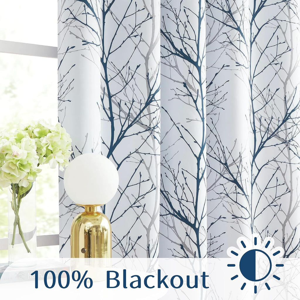 100% Blackout Curtains, Blue White Tree Curtains 84 Inches Long, Grey Farmhouse Room Darkening Window Curtains for