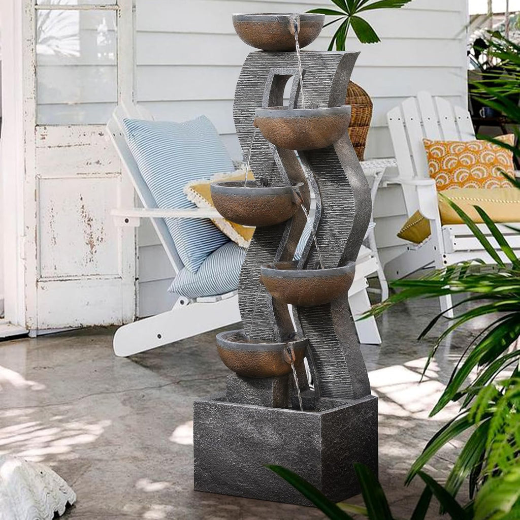 52.8" Tall Outdoor Water Fountain with Lights, 6-Tier Cascading Resin Waterfall Feature