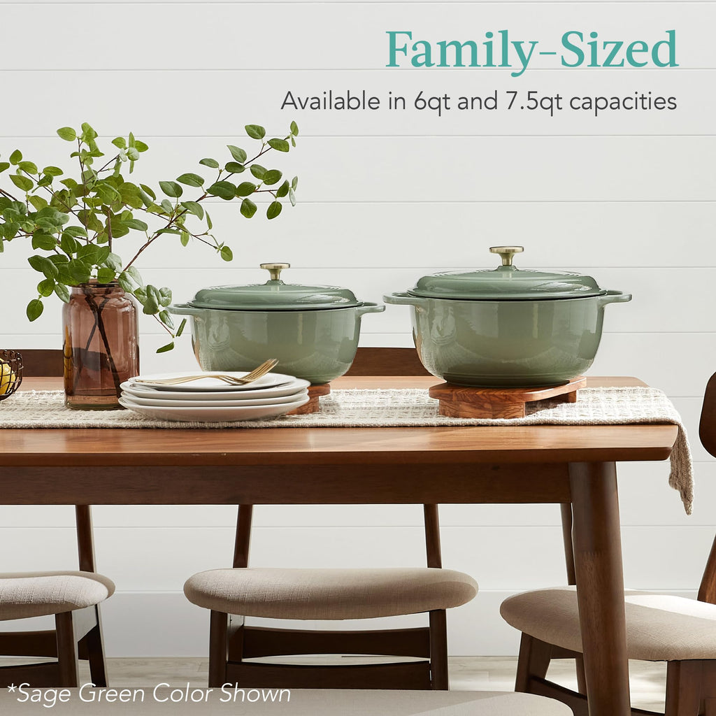 6 Quart Enamel Cast-Iron Round Dutch Oven, Family Style Heavy-Duty Pre-Seasoned Cookware, Oven Safe w/Lid, Dual