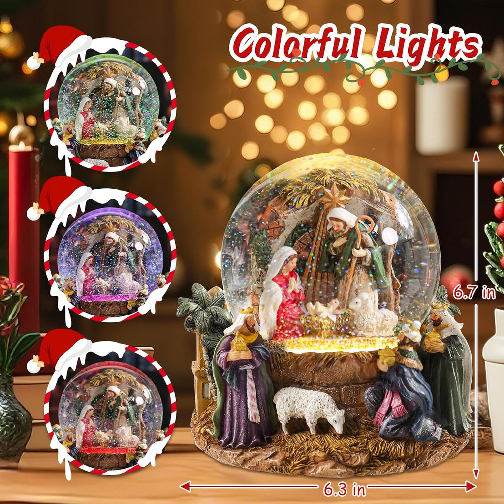 Christmas Snow Globe, Musical Nativity Snow Globes Color Changing Swirling Glitter Battery Operated Jesus Lighted