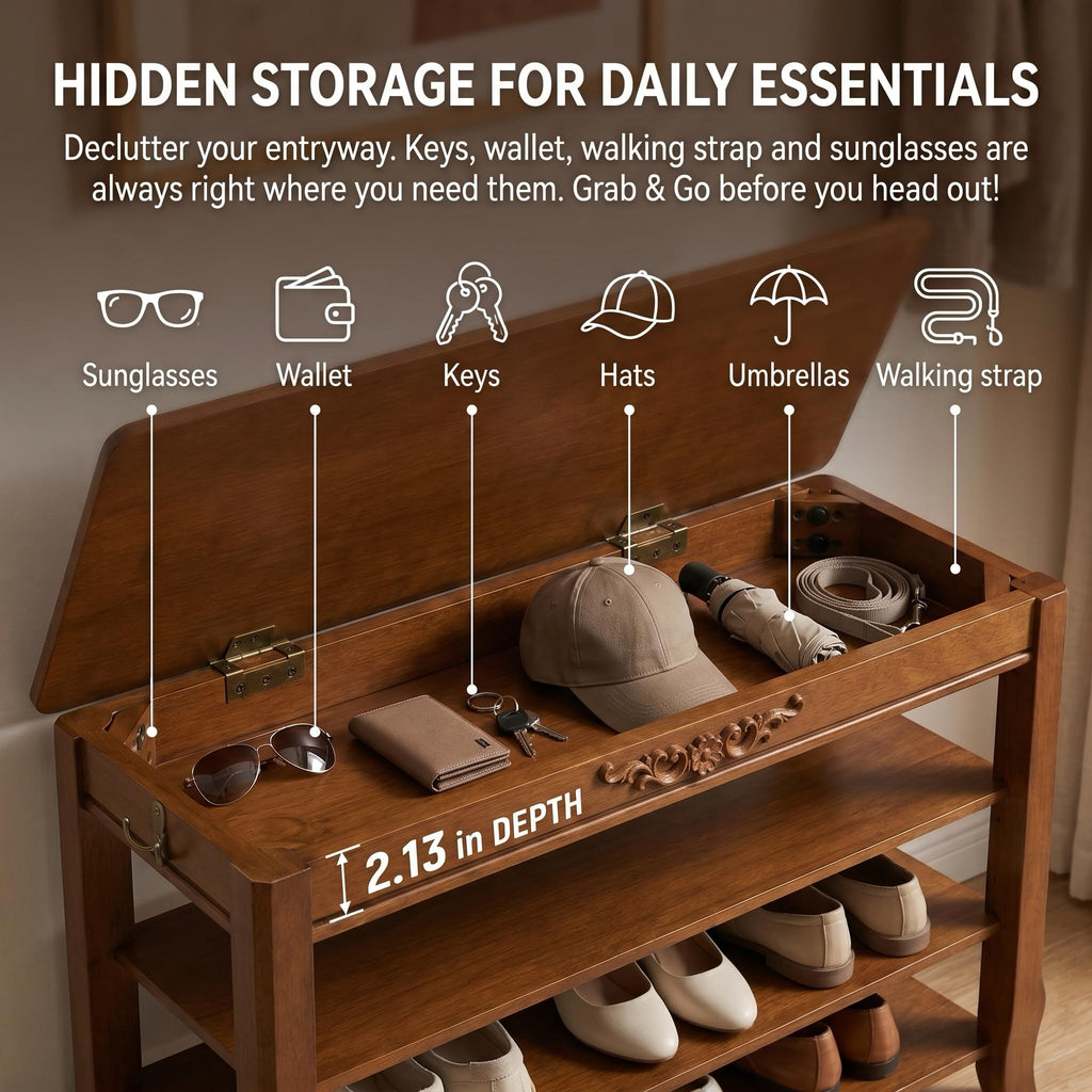 Shoe Rack Bench with Lift-Top Storage, 3-Tier Shoe Storage Bench with Wooden Seat, 550lbs Heavy Duty Entryway Bench