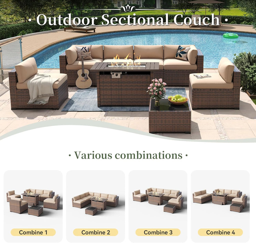 8 Piece Patio Furniture Set with 44" Fire Pit Table Wicker Rattan | Outdoor Sectional Sofa Set with Coffee Table and