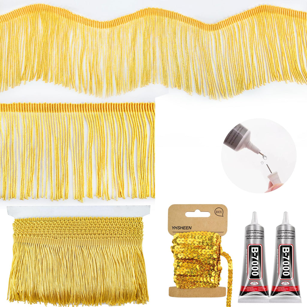 Gold Fringe, 5 Yards X 4 Inch Fringe Trim with B7000 Glue, Tassels Trim for Crafts, Polyester Fibre Sewing Fringe