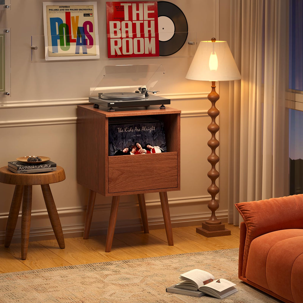 Mid Century Modern Record Player Stand with Vinyl Storage, Brown