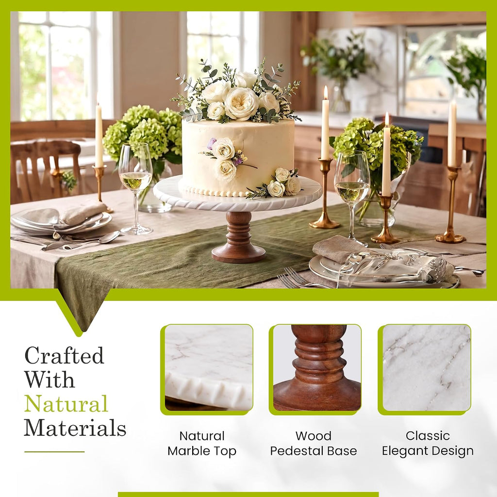 White Marble Cake Stand with Wooden Base - Elegant Round Cake Stand