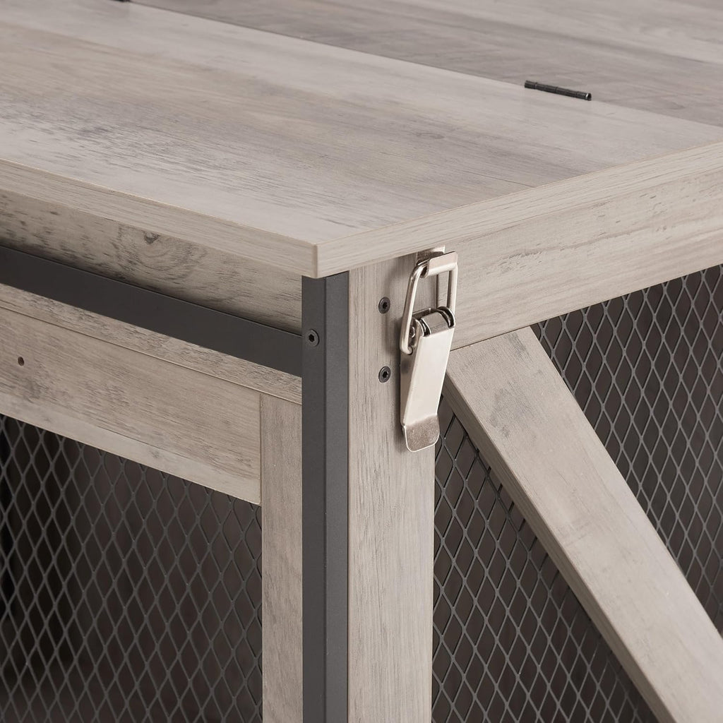 37''L Farmhouse Dog Cage Crate Furniture with Sliding Barn Door, Wooden Dog Kennel End Table with Flip-top Plate